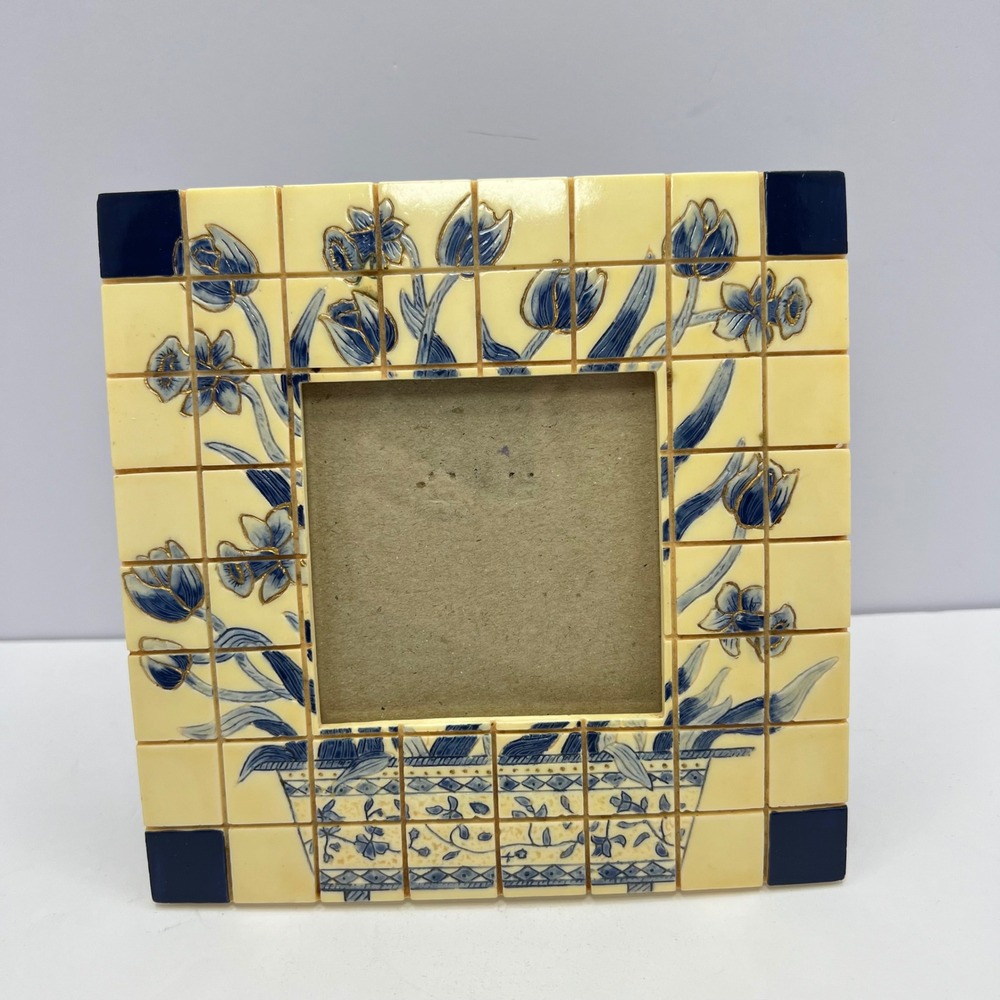 Vintage Mosaic Tile Frame 3.5x3.5 Cream Blue Chinoiserie Resin Floral Decor
